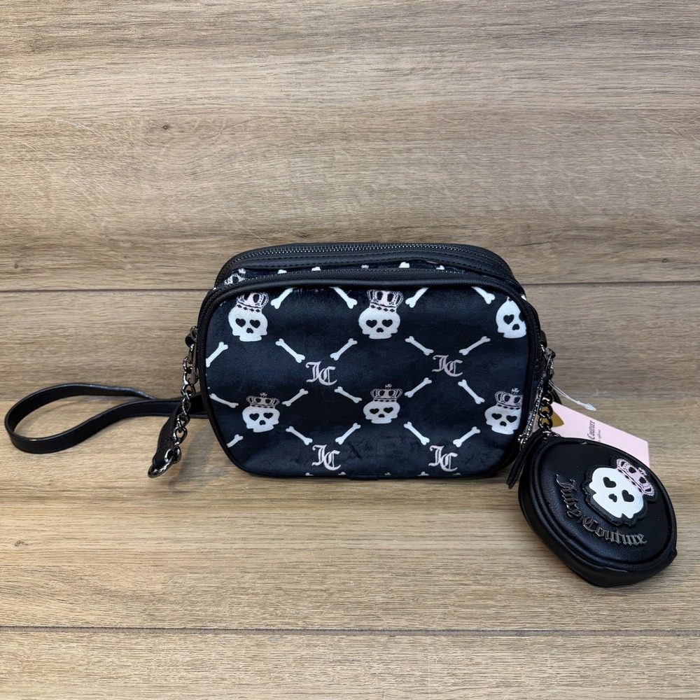 Juicy Couture Haunted Couture Black Velour Camera Crossbody Skull Bag NWT